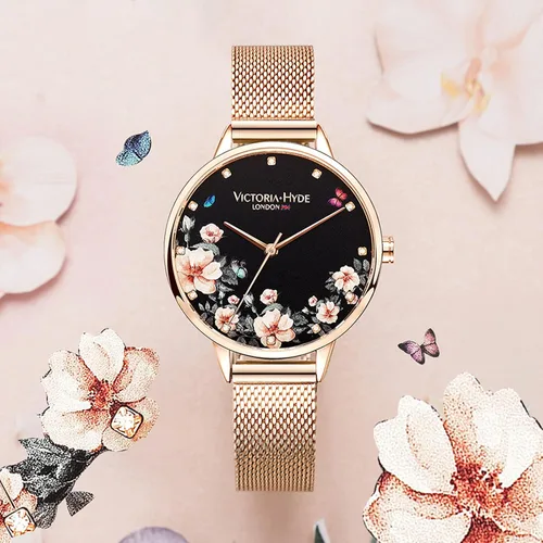 Vista 6 de VICTORIA HYDE Relojes de cuarzo para mujer, esfera floral con correa de malla de acero inoxidable, correa de cuero auténtico, impermeable, reloj