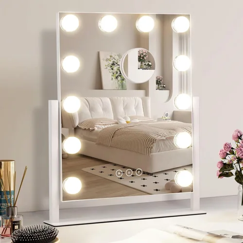 Vista 9 de Espejo de tocador con luces, espejo de maquillaje con luces con 9 bombillas LED regulables, 3 modos de iluminación de color desmontables, espejo