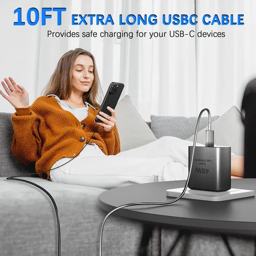 Vista 7 de Cargador para iPhone 17 de carga rápida, paquete de 2 adaptadores de alimentación USB C de 45 W y cable USB C a C de 10 pies tipo C para iPhone 17