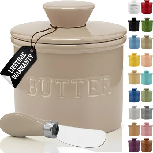 Vista 30 de Priority Chef Mantequilla grande con tapa con línea de agua, plato de mantequilla francesa de cerámica para dejar en el mostrador, color negro