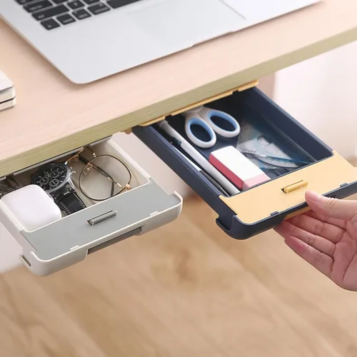 Vista 4 de EXCEART Caja de almacenamiento con cajón, cajón de almacenamiento oculto, cajón de mesa oculto, bandeja de cajón autoadhesiva, bandeja para lápices