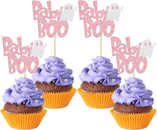 Vista 17 de Ephlyn 24 adornos negros para tartas de Halloween con purpurina fantasma Negro Halloween