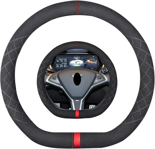 Vista 10 de Funda de volante de gamuza de 14 pulgadas, compatible con Tesla Model 3 Model Y, funda de volante deportiva de cuero gamuza antideslizante