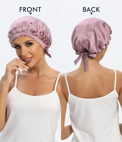 Vista 5 de Cocheng Gorro de seda 100% morera de doble cara con cinta ajustable, gorro de seda de 19 momme para dormir (rosa frijol)