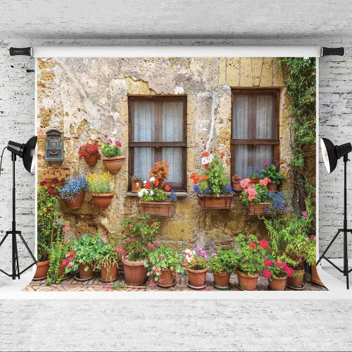 Vista 3 de EOA Telón de fondo de flores de pared antigua de la calle toscana italiana de 7 pulgadas de ancho x 5 pies de alto, para fotografía, Italia, ciudad