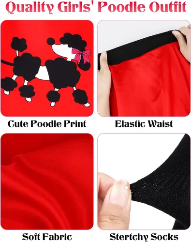 Vista 4 de AOTHSO Conjunto de accesorios de disfraz de falda de caniche de los años 50 con camisa, bufanda, diadema, aretes, gafas, calcetines, disfraz