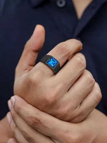 Vista 2 de Supcare Anillo cuadrado con sello de piedra preciosa para hombre, topacio azulanillo de cóctel onxy negro, ajuste cómodo, tallas 7 a 14, joyería