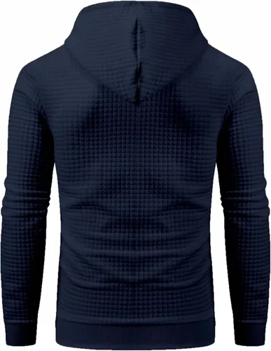 Vista 3 de Sudadera de manga larga para hombre, con capucha con cordón, de jacquard a cuadros, estilo informal y hípster, con bolsillo de canguro