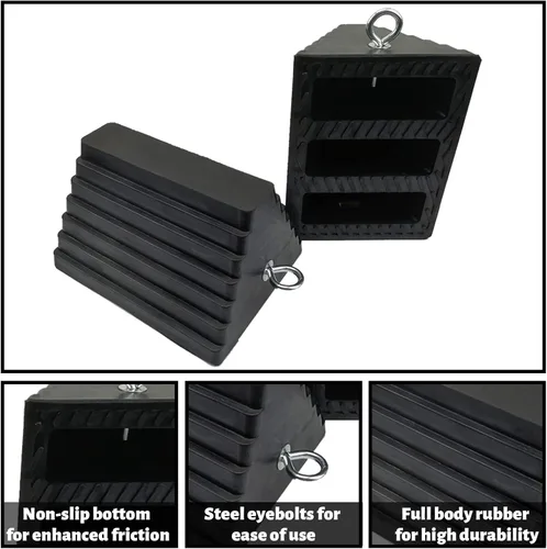 Vista 3 de ROBLOCK Juego de 2 cuñas de rueda de goma resistentes negras con cáncamo, 9" de largo x 7.1" de ancho x 5.5" de alto, para coches, autocaravanas 2