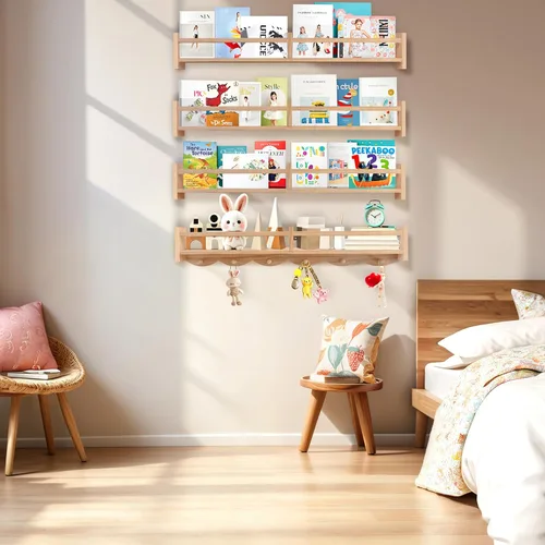 Vista 2 de Estantes para libros de guardería de 34 pulgadas montados en la pared, estante flotante para libros para niños con 6 ganchos, estante colgante