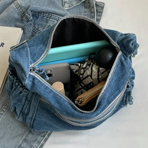 Vista 7 de Bolso de hombro grande retro para mujer de lona de denim, bolso cruzado de denim, bolso ligero informal, bolso de mano con asa superior