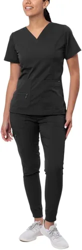Vista 17 de Adar Pro Scrubs for Women Set - V-Neck & Jogger Cargo Pants, 7 Pockets Blanco