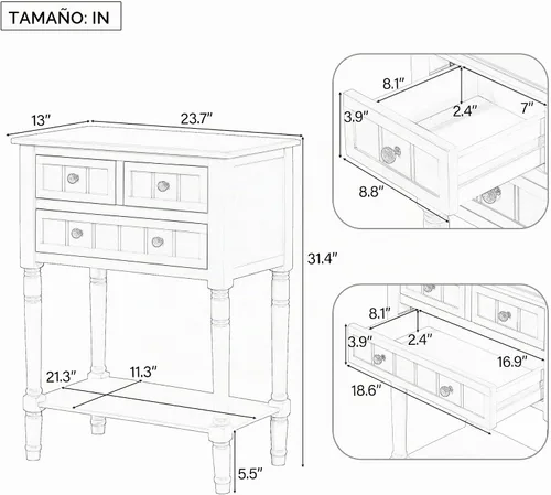 Vista 2 de P PURLOVE Mesa consola estrecha antigua, mesa de entrada delgada para sofá con 3 cajones de almacenamiento para sala de estar, entrada Beige