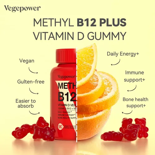 Vista 7 de Gomitas veganas de vitamina D3 y B12, suplemento de metilo B12 para adultos y niños, mejorado con vitamina D 3 para energía natural, inmune