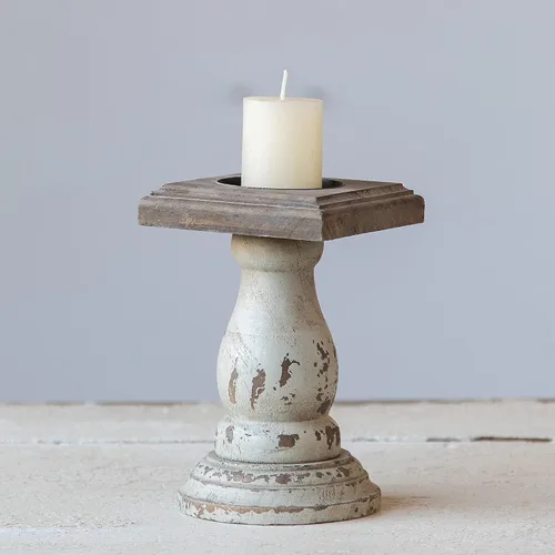 Vista 6 de Candelabro de madera blanco, candelabros decorativos para mesa, soporte de vela de pilar rústico, centros de mesa para comedor, candelabro Shabby