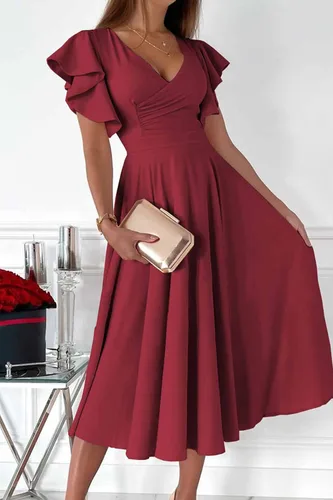 Vista 2 de PRETTYGARDEN - Vestido de verano para mujer, debajo de la rodilla, manga casquillo con volantes, cuello en V, acampanado, vestido de cóctel y fiesta