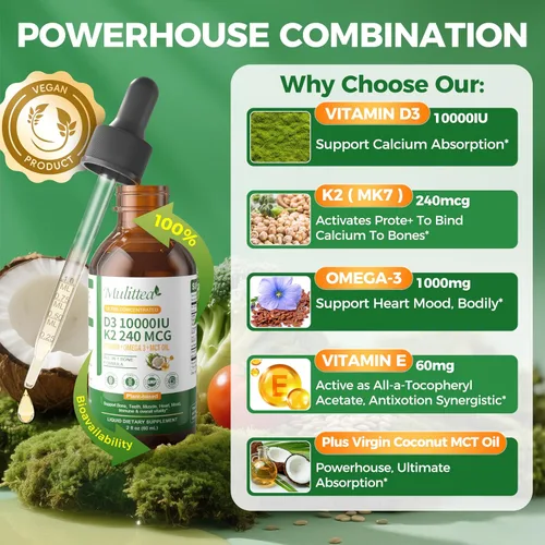 Vista 4 de Mulittea Líquido orgánico de vitamina D3 K2 con aceite de linaza y coco MCT vegano Omega-3, 10000 UI, líquido de vitamina D, sin rellenos, K2 sin