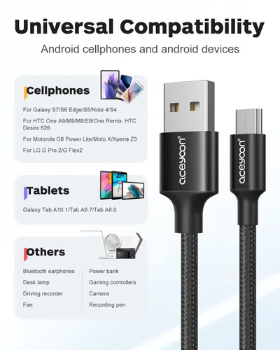 Vista 3 de aceyoon Cable micro USB de 1 pie, paquete de 2 cables de carga USB 2.0 Micro B, cable corto de nailon trenzado de datos para teléfono Galaxy S6 S7