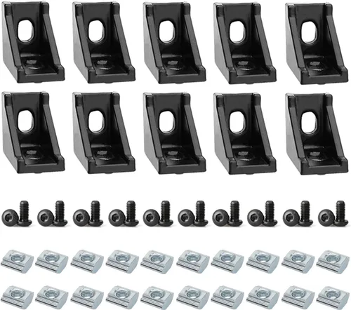Vista 29 de 10 juegos de perfiles de extrusión de aluminio de la serie 2020, soportes en L de ángulo recto negro con tuercas y pernos de ranura en T M5