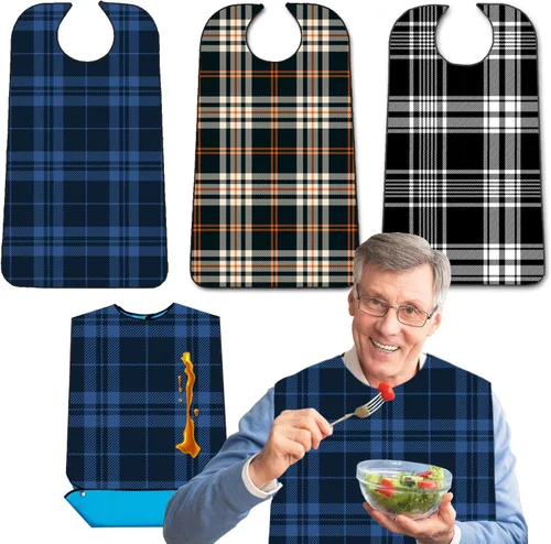 Vista 7 de Paquete de 3 baberos para adultos con recogedor de migas, baberos lavables y ajustables para adultos, para hombres mayores, baberos para comer
