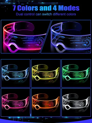 Vista 3 de 2 pares de anteojos de visera LED, 7 colores, gafas futuristas, 4 modos, anteojos luminosos de panal de abeja para adultos