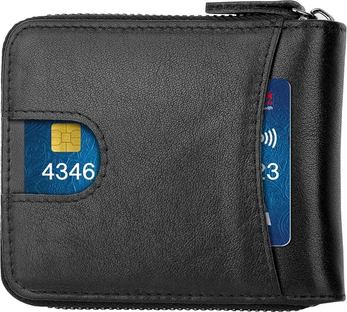 Vista 7 de ee Cartera de cuero con cremallera para hombre, con bloqueo RFID, con cremallera alrededor de la cartera, plegable, con múltiples tarjeteros, Negro