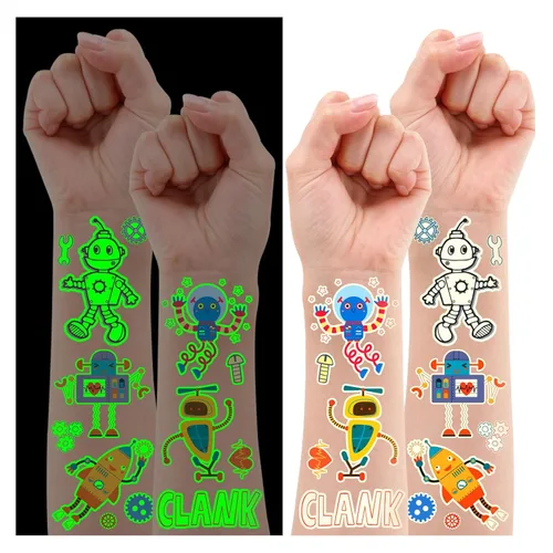 Vista 13 de Partywind 380 estilos (30 hojas) tatuajes luminosos para niños, estilos mixtos, calcomanías temporales con sirena/dinosaurio/espacio exterior/pirata