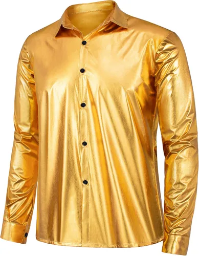 Vista 4 de TOGROP Disfraz de discoteca de los años 70 para hombre, conjunto de camisas doradas de lentejuelas para adultos, cosplay para fiesta de Halloween