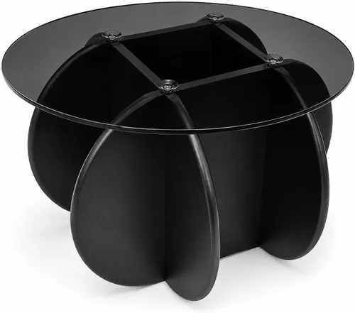 Vista 4 de Mesa de Centro con Tapa de Vidrio Negro, Mesa de Centro Redonda Moderna y Elegante con Patas de Madera Maciza y Superficie de Vidrio Templado