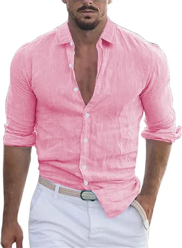 Vista 5 de Camisa de algodón y lino con botones para hombre, cuello de solapa de manga larga, estilo hippie casual para ropa de playa