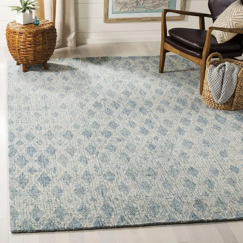 Vista 4 de SAFAVIEH Abstract Collection - Alfombra decorativa, 2 x 3 pies, marfil y azul, lana hecha a mano, ideal para zonas de alto tráfico en entrada, sala