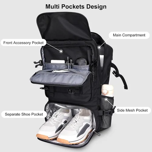 Vista 4 de PIJUSHI Mochila de viaje para mujeres y hombres, mochila de equipaje de mano, aprobada por vuelo, bolsa de lona convertible para laptop de 16 Negro