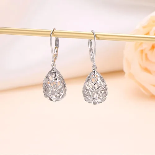 Vista 52 de Aretes colgantes de filigrana de plata de ley 925, margarita, loto, flor de rosa, piedra lunar, lágrima para mujer, nudo celta infinito, margarita