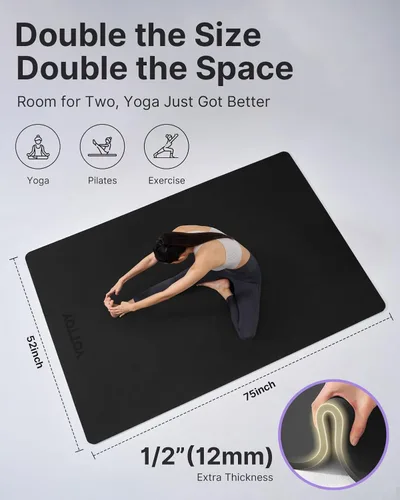 Vista 2 de YOTTOY Tapete de yoga grande (75 x 52 x 1/2 pulgadas), tapete de ejercicio TPE extra ancho, tapete de entrenamiento antideslizante para pilates