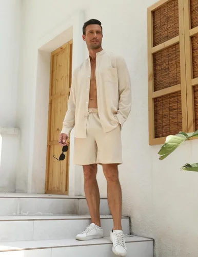 Vista 2 de RPOVIG Conjuntos de lino para hombre, conjuntos de verano de 2 piezas, ropa de vacaciones en la playa, camisas casuales de manga larga, pantalones