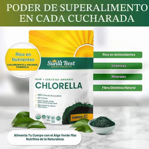 Vista 2 de Sunlit Best Polvo de Clorela Orgánica USDA, polvo de clorela de algas verdes, clorelas de pared celular rota, clorofila de proteína vegana cruda
