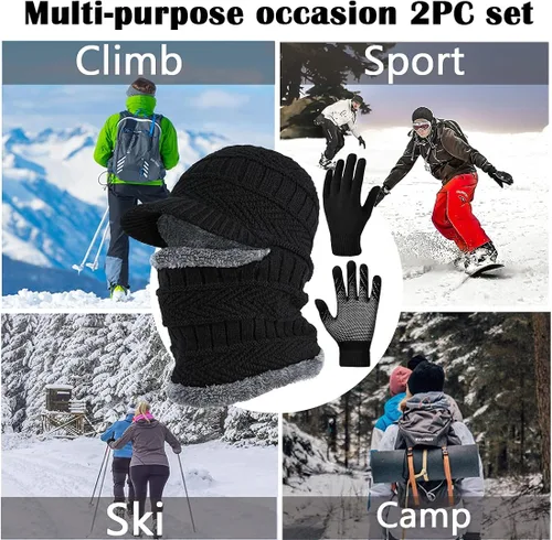 Vista 6 de T WILKER 2 piezas de gorro de punto de invierno para pasamontañas, sombrero de pasamontañas antideslizantes para pantalla táctil, conjunto