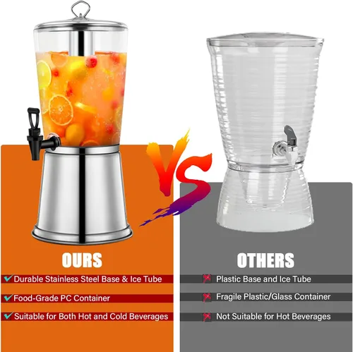 Vista 4 de Dispensador de bebidas de 2 galones con soporte, dispensadores de bebidas para fiestas, dispensadores de jugo de acero inoxidable con tubo de hielo