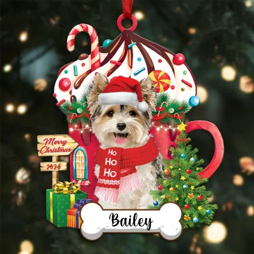 Vista 123 de Akita1 - Adorno personalizado para perro, adorno de perro con nombre personalizado, plano impreso en 2D, acrílico colgante, Papá Noel y perro