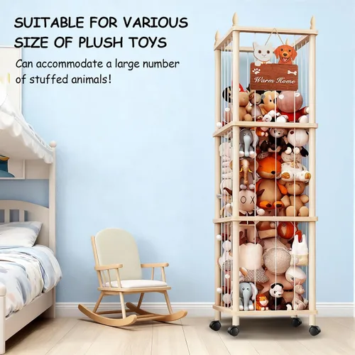 Vista 7 de Almacenamiento grande de animales de peluche con diseño de gato y perro, zoológico de animales de peluche de madera, soporte rodante para animales