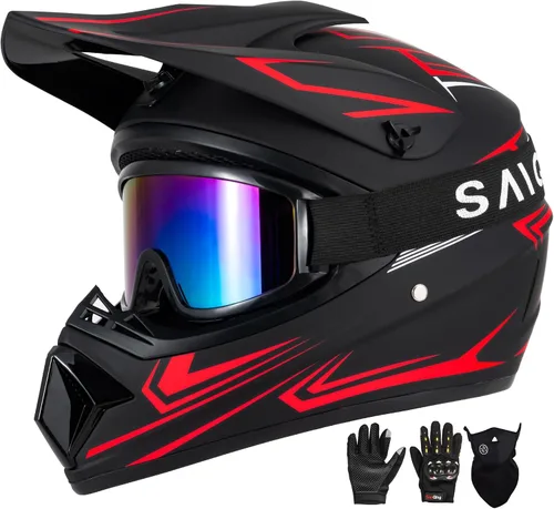 Vista 11 de Casco para jóvenes y niños de motocross, casco para adultos de ATV y bicicleta de tierra con gafas, guantes y máscara, casco de motocicleta de cara