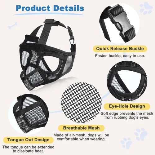 Vista 8 de BARKLESS Bozal de bulldog francés, bozal corto de malla para perro con diseño de lengua hacia fuera para perro de cara plana Shih Tzu Bulldog Negro