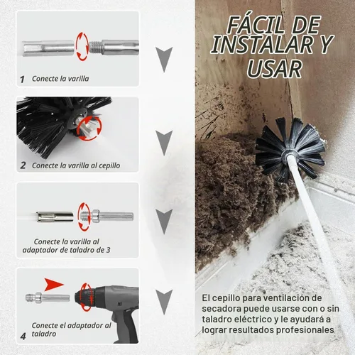 Vista 5 de Cabezal de cepillo limpiador de ventilación de secadora de 6 pulgadas, cepillo de limpieza de conductos con eje hexagonal de 3/8 pulgadas