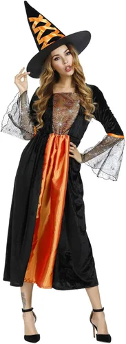 Vista 5 de Haorugut Disfraz de bruja para mujer, disfraz de bruja malvada, vestido de bruja