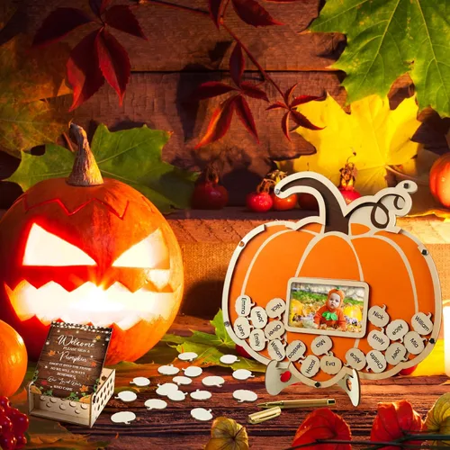 Vista 5 de Thyle Juego de 63 piezas de calabaza para baby shower, libro de invitados de otoño, Halloween, calabaza, baby shower, con marco de fotos, marco
