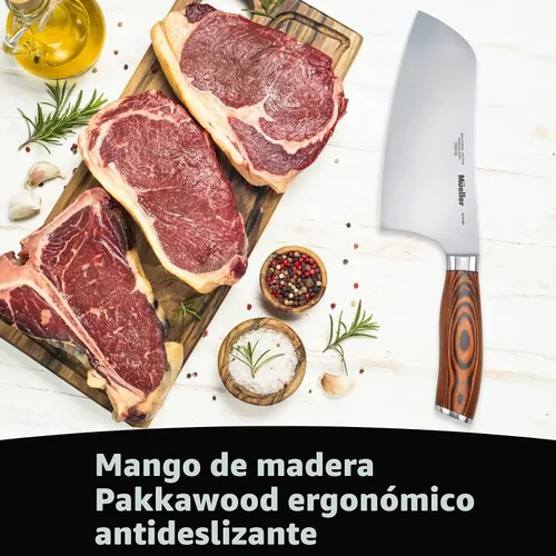 Vista 6 de Mueller - Cuchillo de carnicero de 7 pulgadas, cuchillo chino de verduras y carne para chef, de acero inoxidable alemán con mango ergonómico