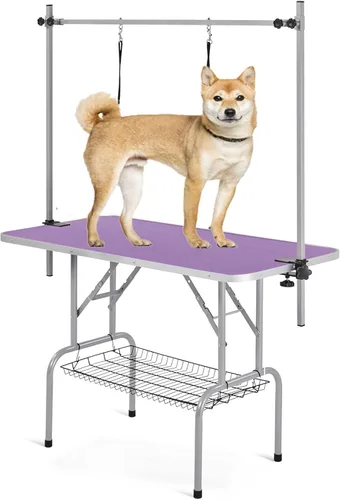 Vista 12 de Mesa profesional de aseo para perros y mascotas, ajustable, resistente, portátil, con brazo y lazo y bandeja de malla (gris, 36 pulgadas)