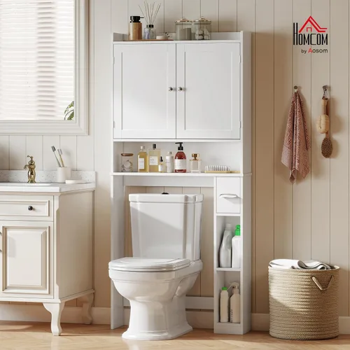 Vista 2 de HOMCOM Armario de almacenamiento sobre el inodoro, moderno organizador de baño sobre el inodoro con 2 puertas, estantes de almacenamiento, soporte