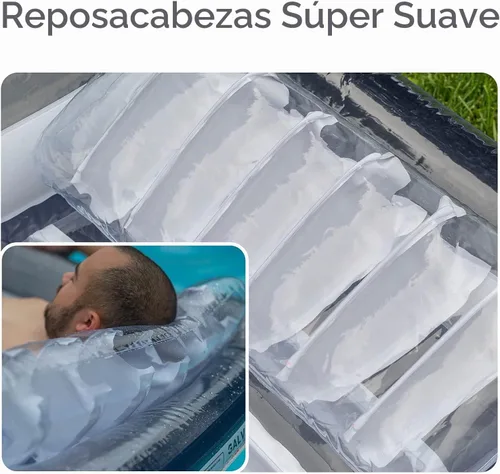 Vista 4 de Galvanox Tumbona inflable para piscina con almohada Balsa flotante grande de 70 x 49 pulgadas (azul marino)