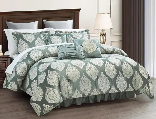 Vista 2 de Sterling Creek Trinity - Juego de edredón de lujo de 7 piezas, edredón tradicional de medallón jacquard gris y verde con cojines decorativos